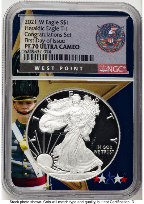 2021-W TY1 Proof Silver Eagle Congratulations Set 1 oz FDI West Point Label West Point Core NGC PF70