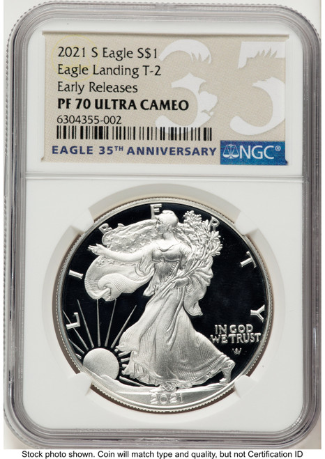 2021-S TY2 Proof Silver Eagle 1 oz ER Eagle 35th Anniversary Label NGC PF70