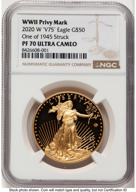 2020-W Proof Gold Eagle V75 Privy One of 1945 Struck 1 oz V-Day