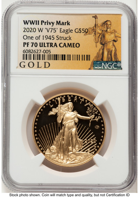 2020-W Proof Gold Eagle V75 Privy One of 1945 Struck 1 oz FDI
