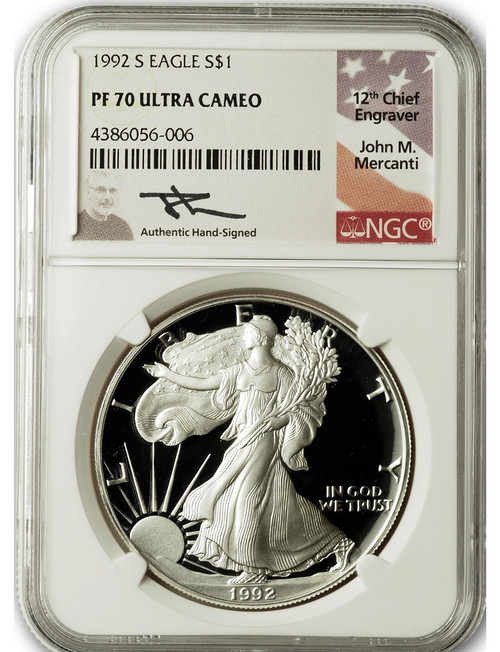 1992-S American Silver Eagle NGC PF70 Ultra Cameo John Mercanti Signed