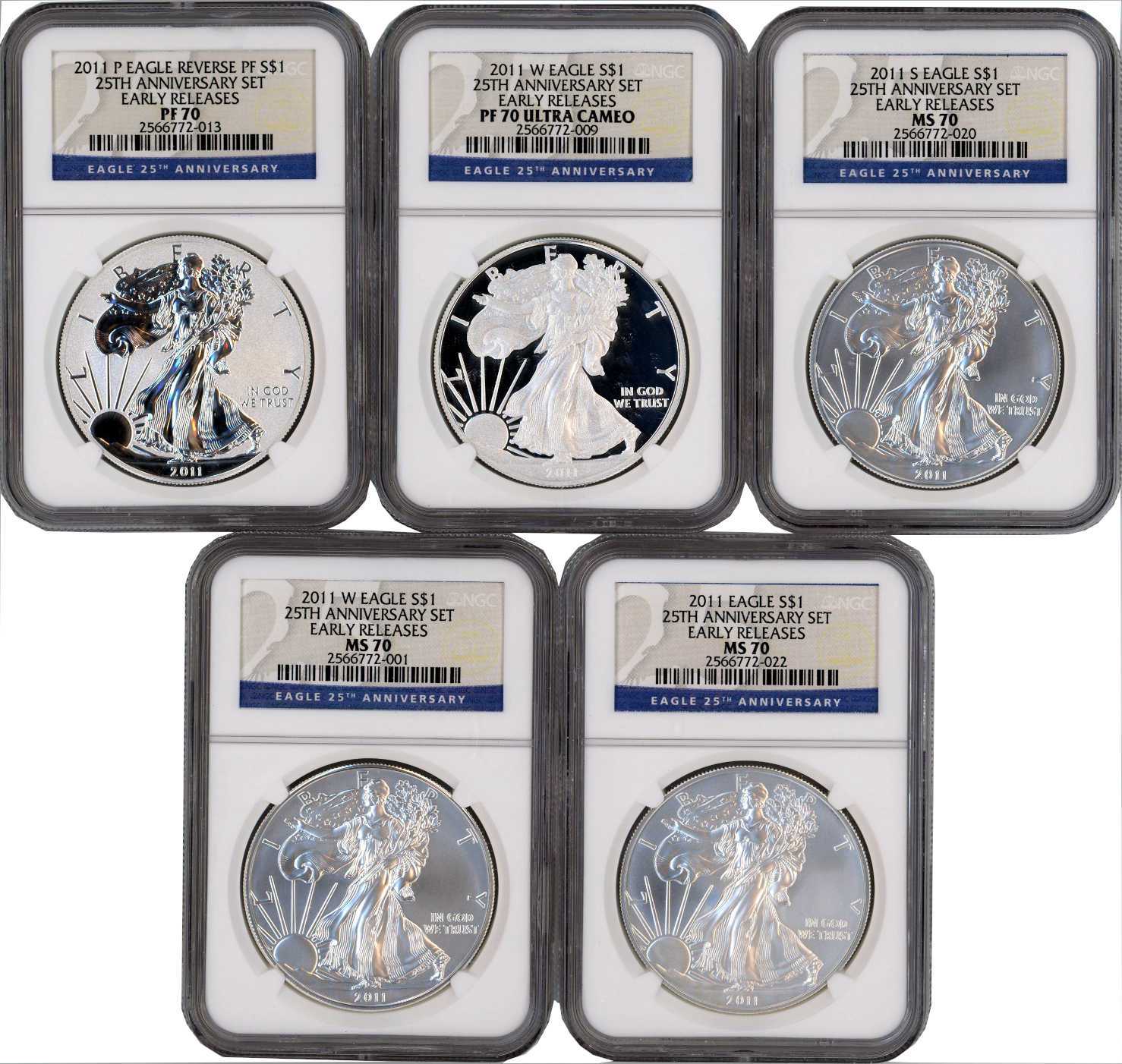 2011 Silver Eagle 25th Anniversary 5-pc Set NGC MS70/PF70 | LCR Coin
