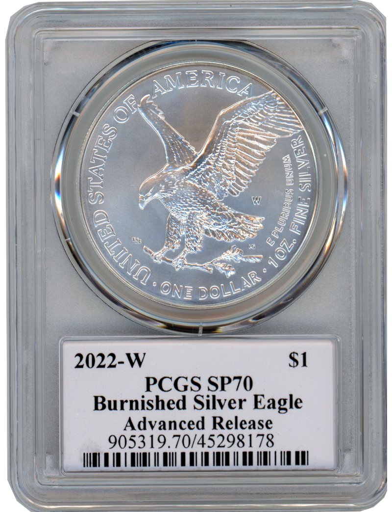 2022-W Burnished Silver Eagle Advanced Release PCGS SP70 Damstra