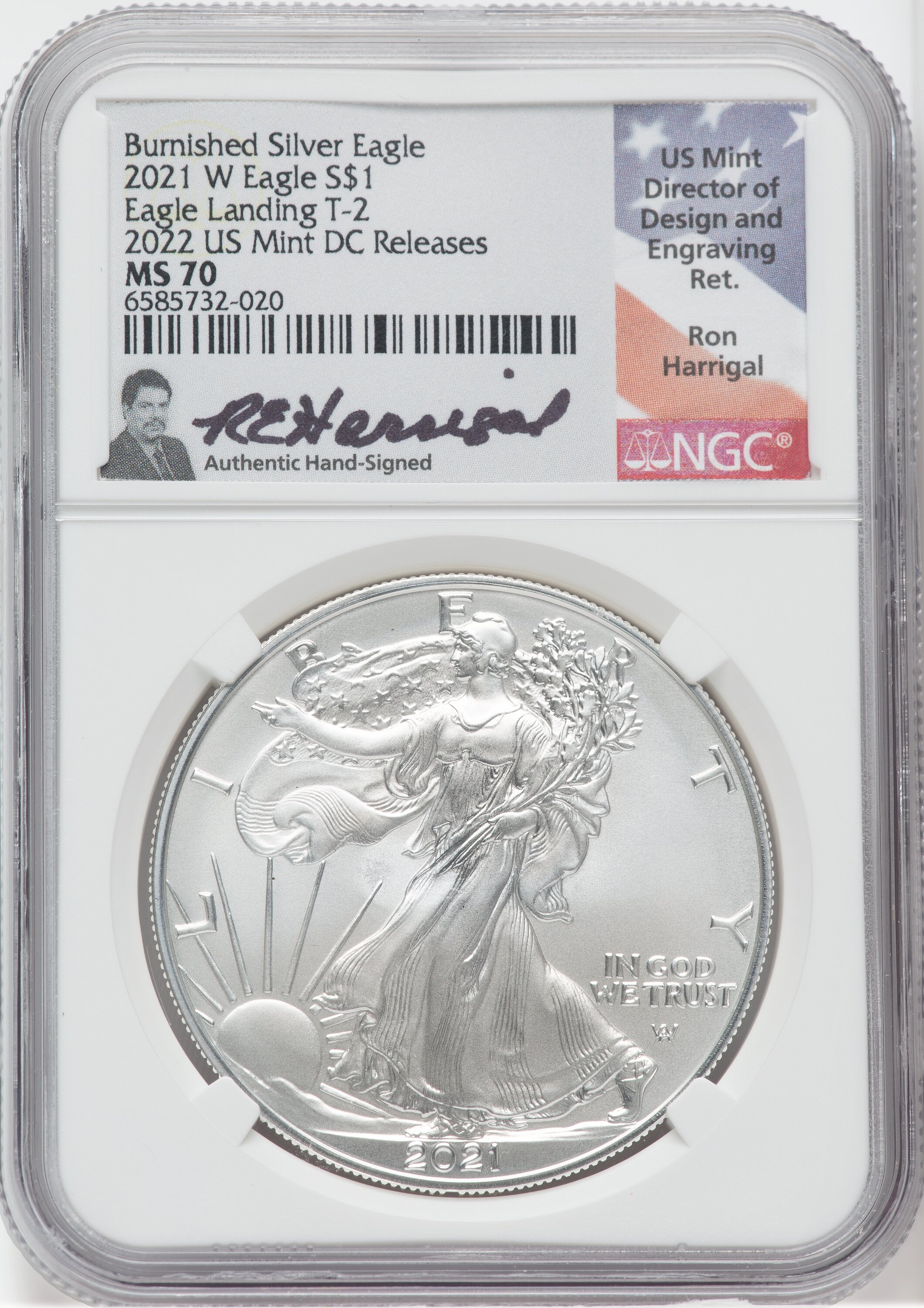 2021 W T2 Burnished Silver Eagle 2022 NGC MS70 Ron Harrigal | LCR Coin