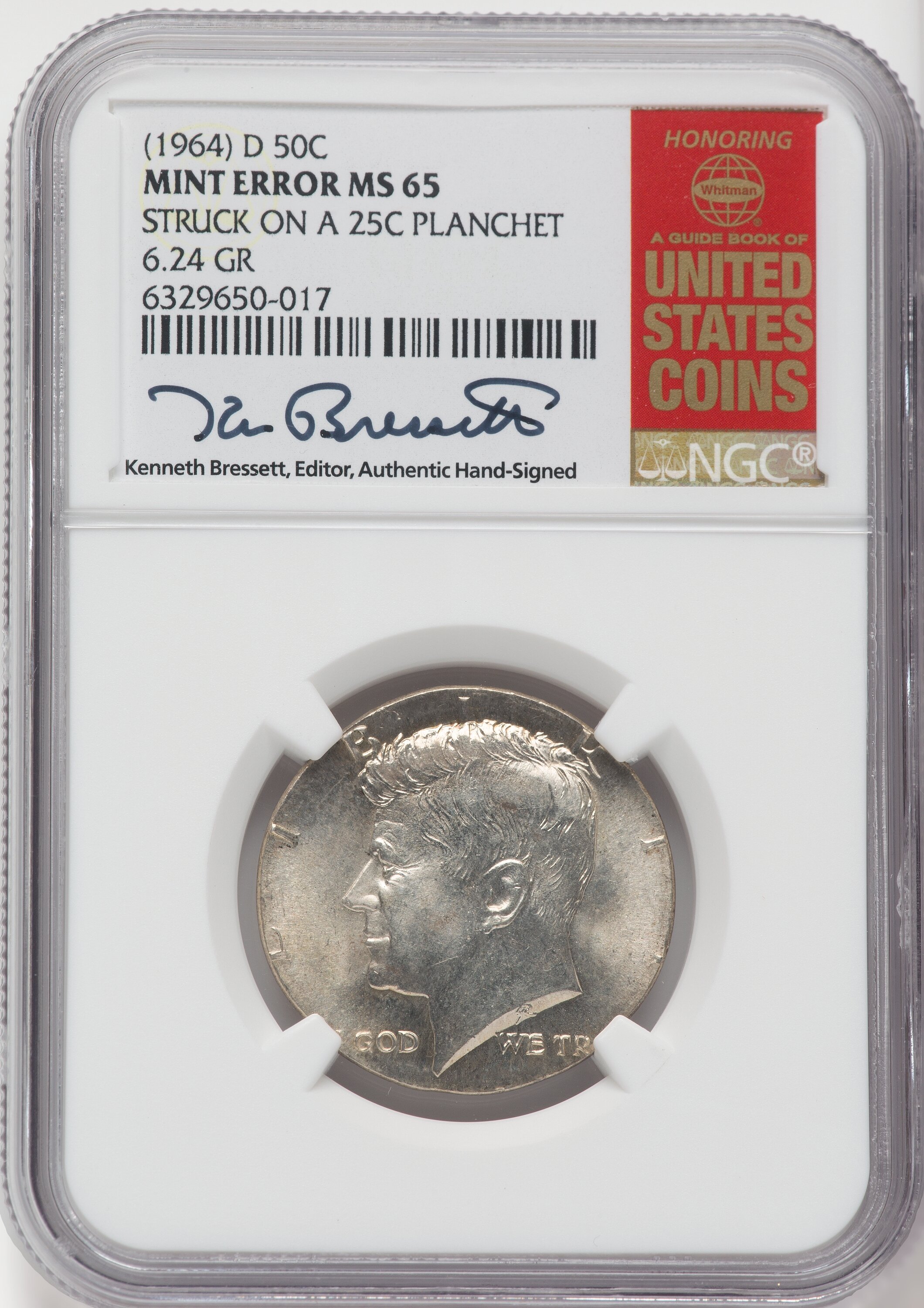 1964-D 50C Kennedy Half Dollar Mint Error NGC MS65 Kenneth