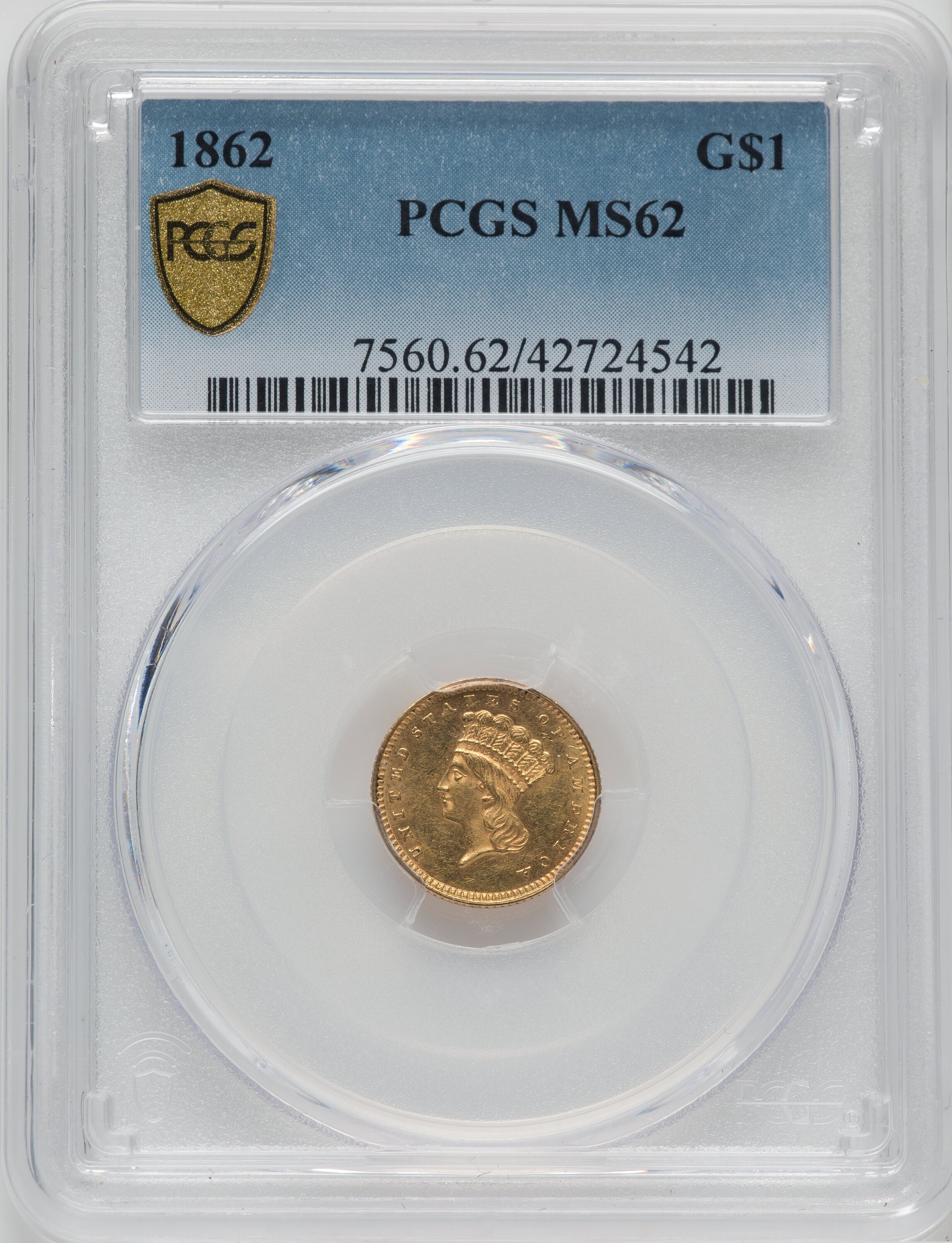 1862 G$1 Gold Dollar PCGS MS62 - LCR Coin