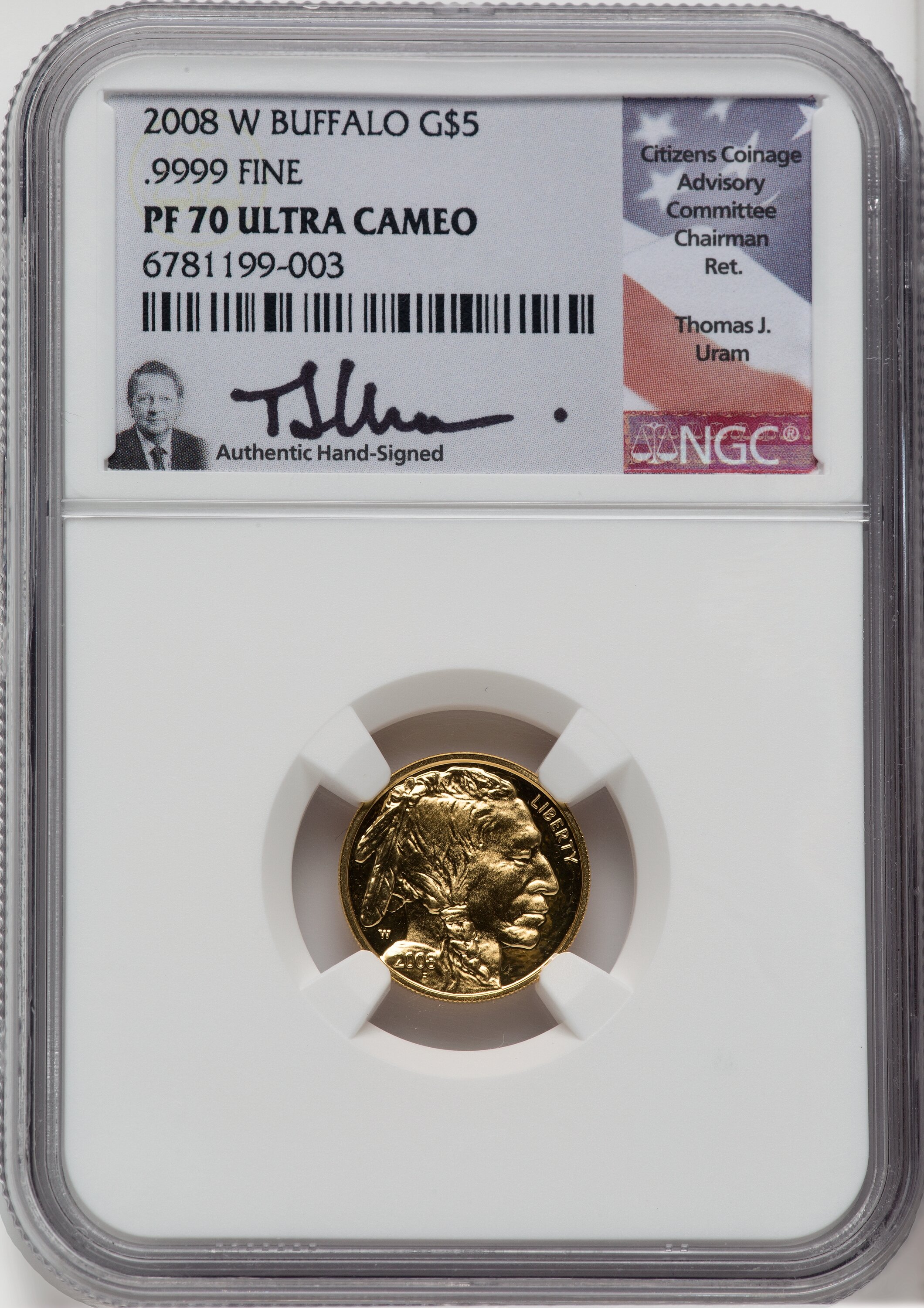 2008-W $5 Tenth-Ounce Gold Buffalo .9999 Fine Gold NGC PF70 Uram