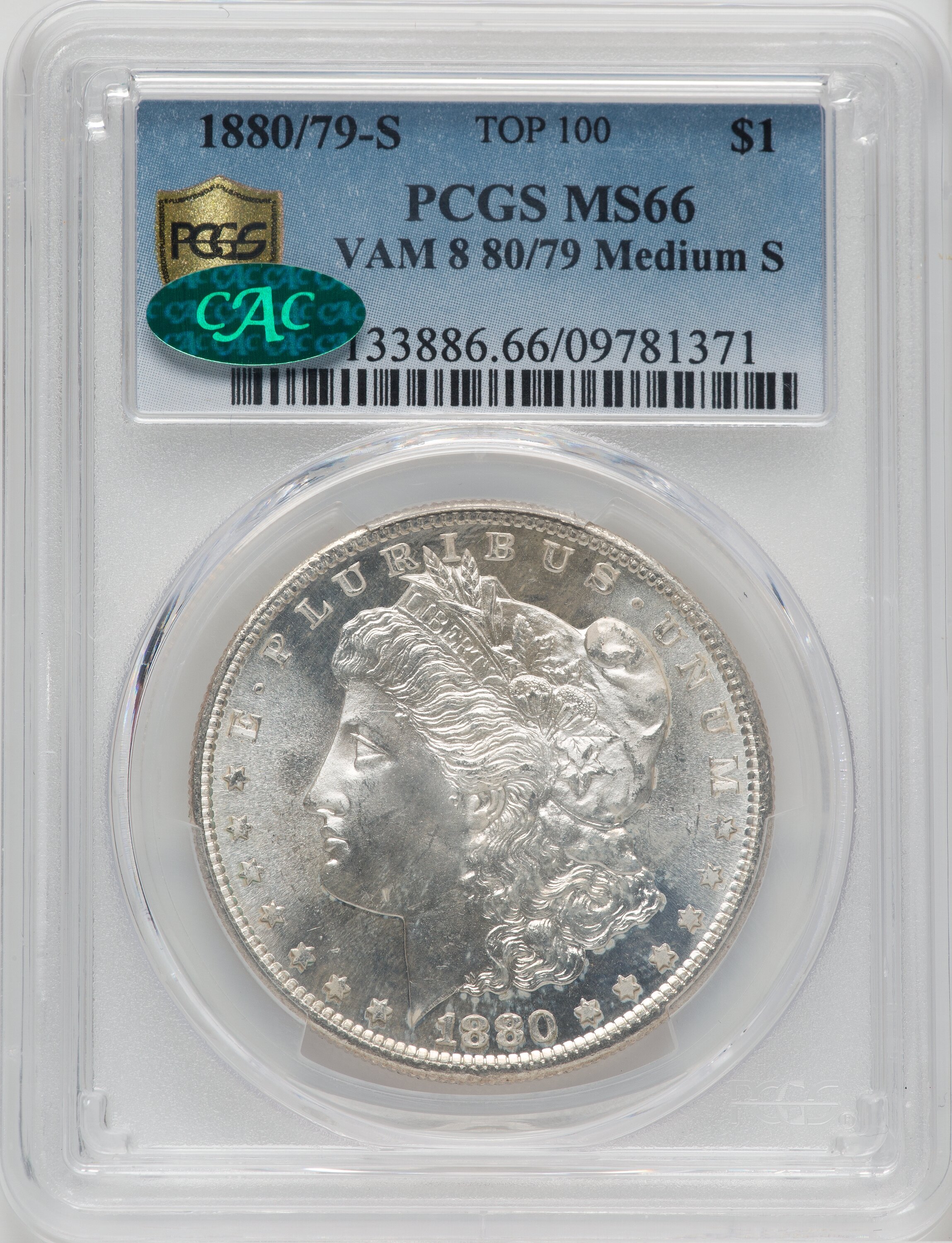 1880/79-S $1 VAM-8 Medium S CAC Morgan Dollar PCGS MS66 - LCR Coin