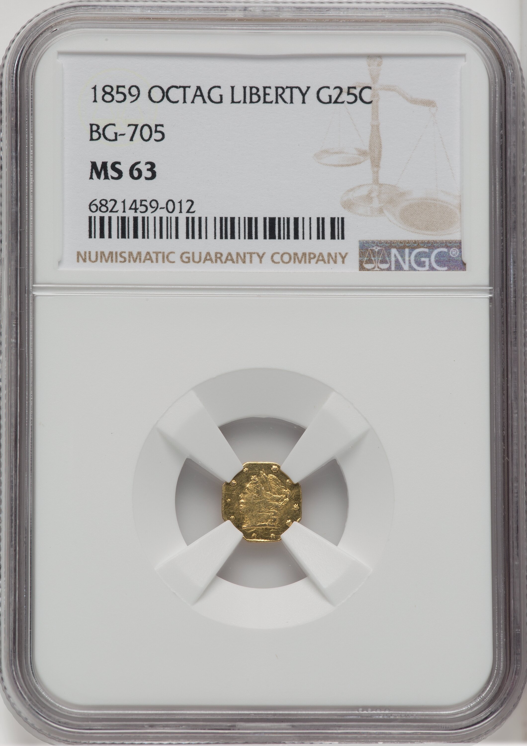 1859 Liberty Octagonal 25 Cents BG-705 High R.6 California