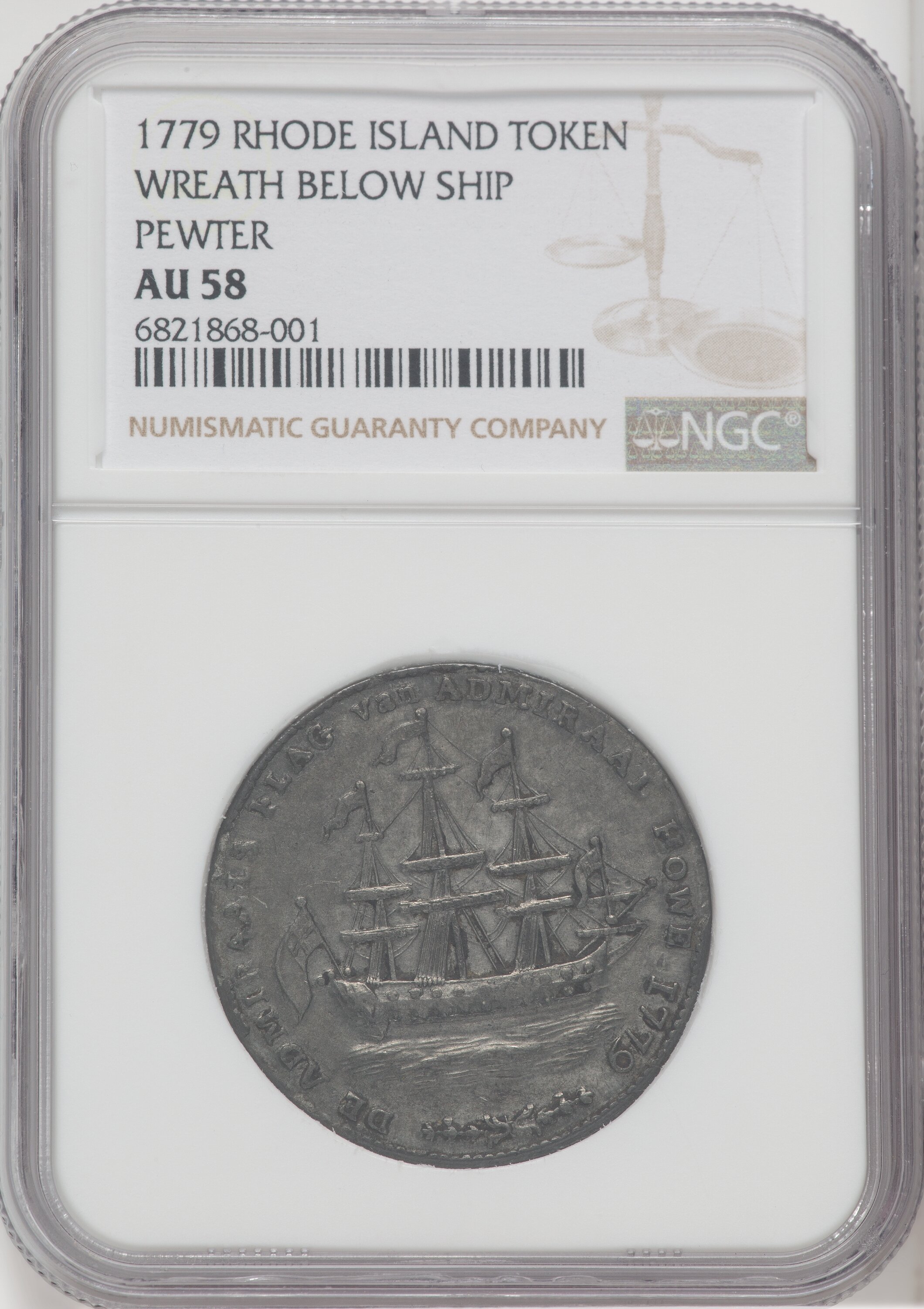 1779 Rhode Island Ship Token Wreath Below Pewter Colonials NGC