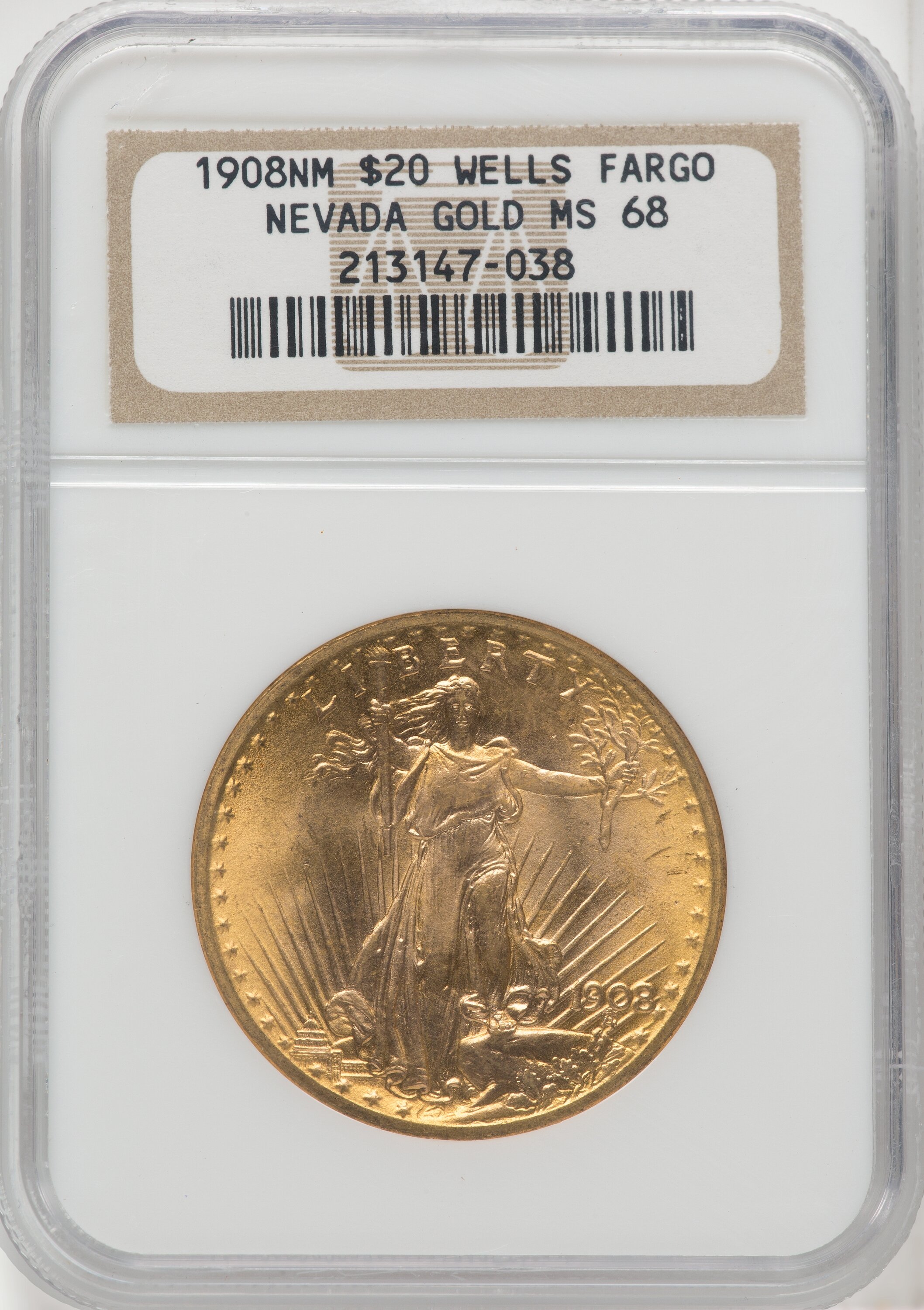 1908 NM $20 Wells Fargo Saint-Gaudens Double Eagle NGC MS68 - LCR Coin