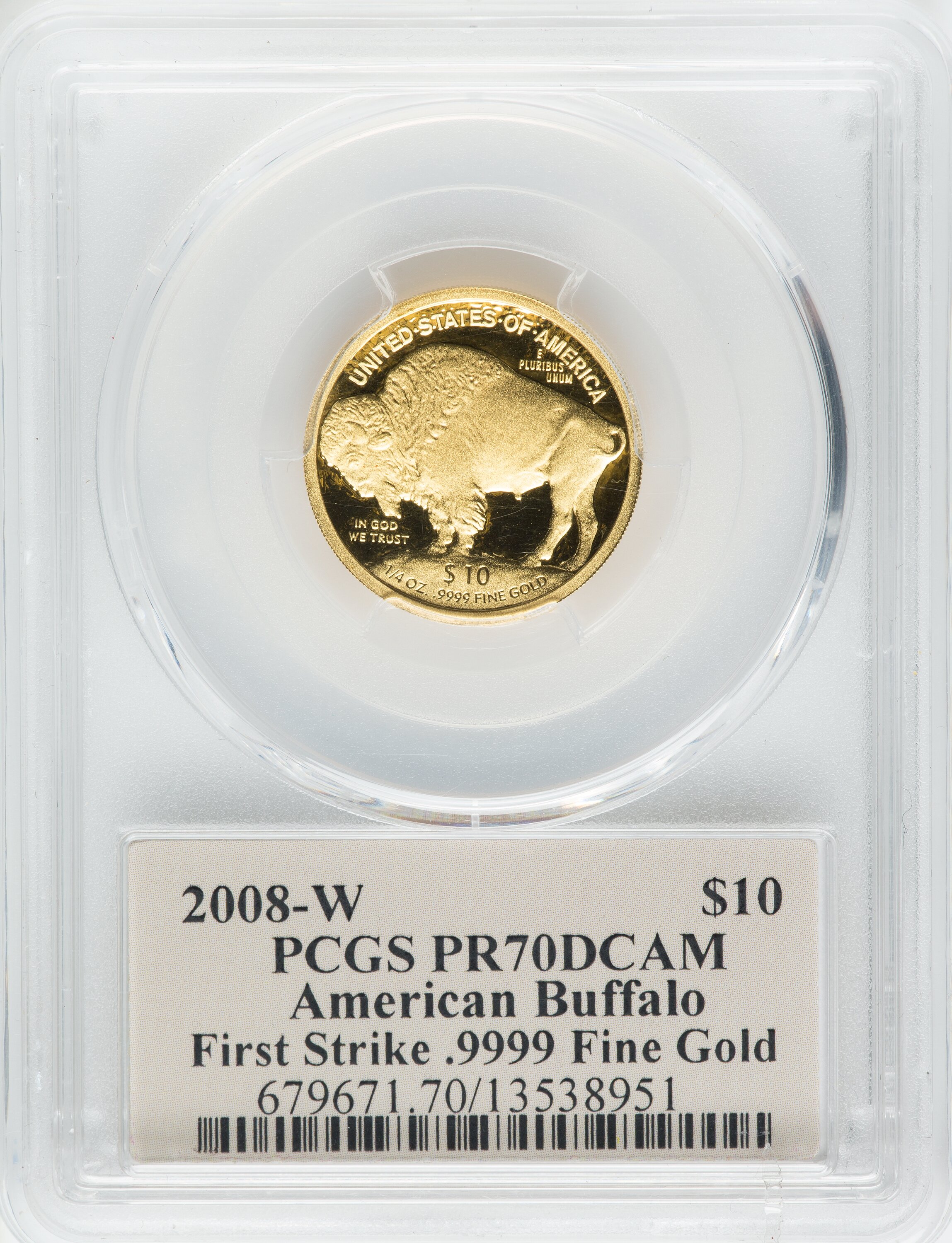 2008-W $10 Quarter-Ounce Gold Buffalo PCGS PR70 | LCR Coin