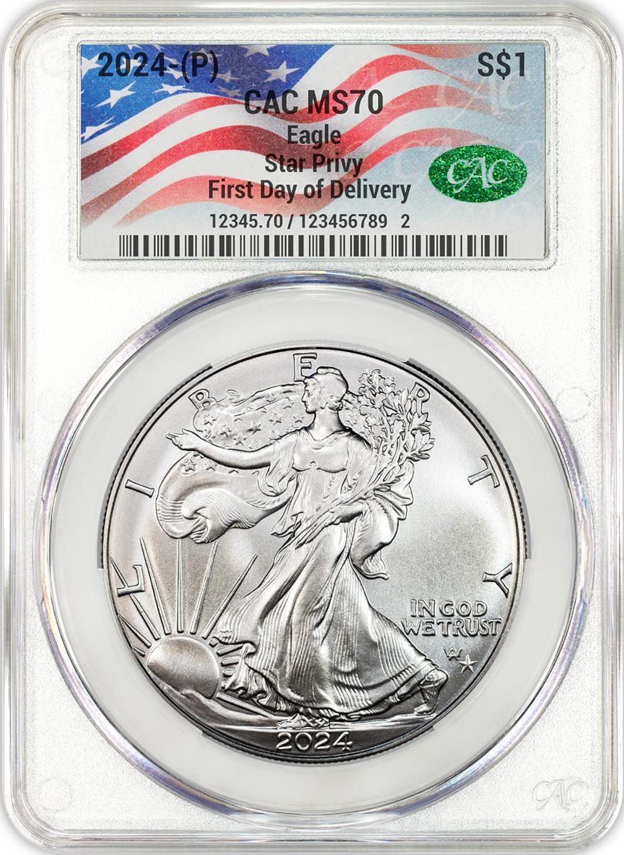 2024(P) Silver Eagle Star Privy First Day of Delivery CAC MS70