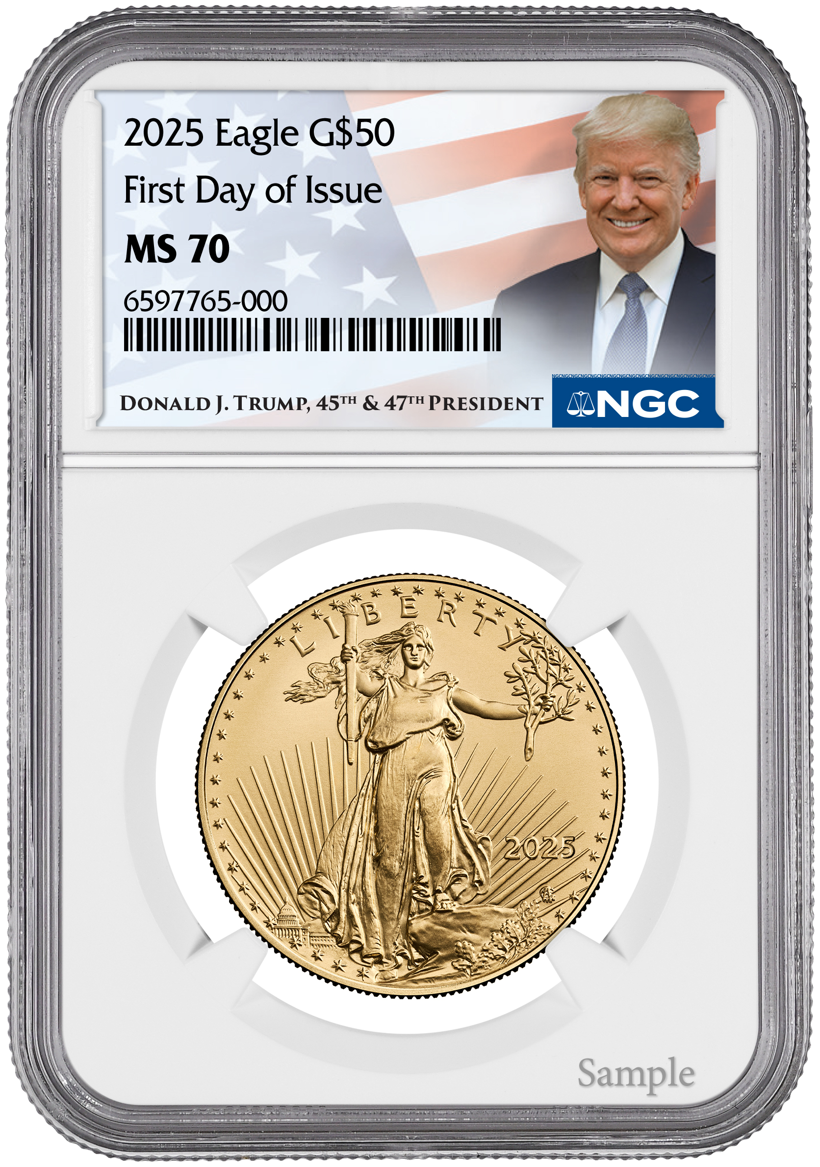 2025 1 oz American Gold Eagle First Day of Issue NGC MS70 Trump