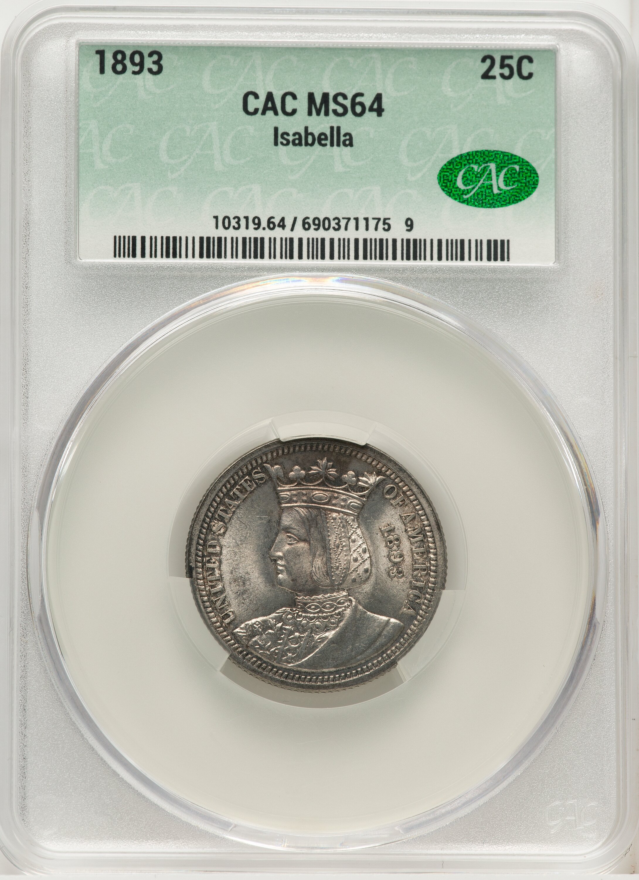 1893 25C Isabella Quarter Commemorative Silver CACG MS64 - LCR Coin