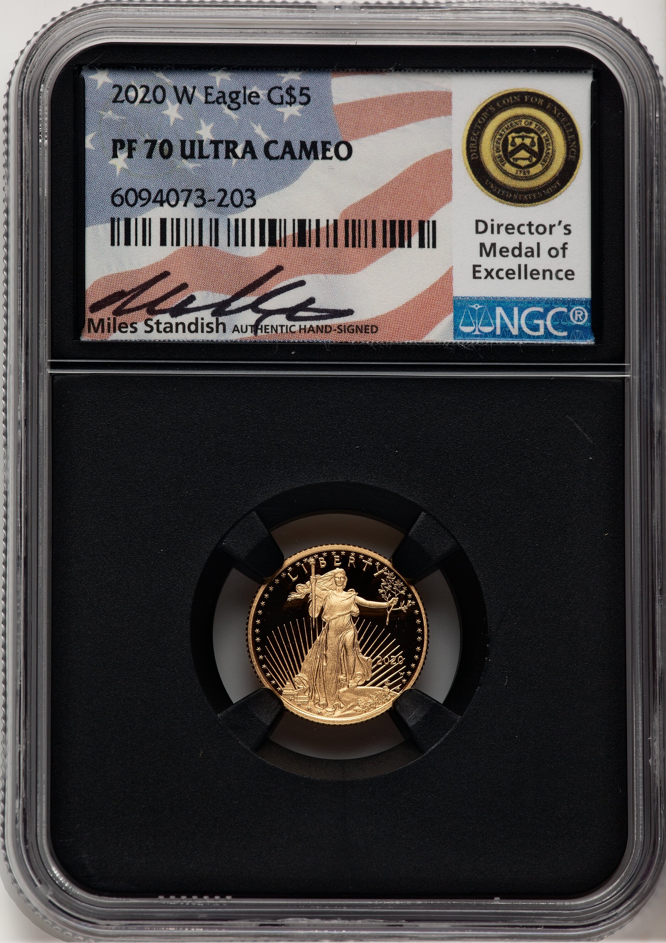 2020-W $5 One-Tenth Ounce Gold Eagle Miles Standish NGC PF70 - LCR