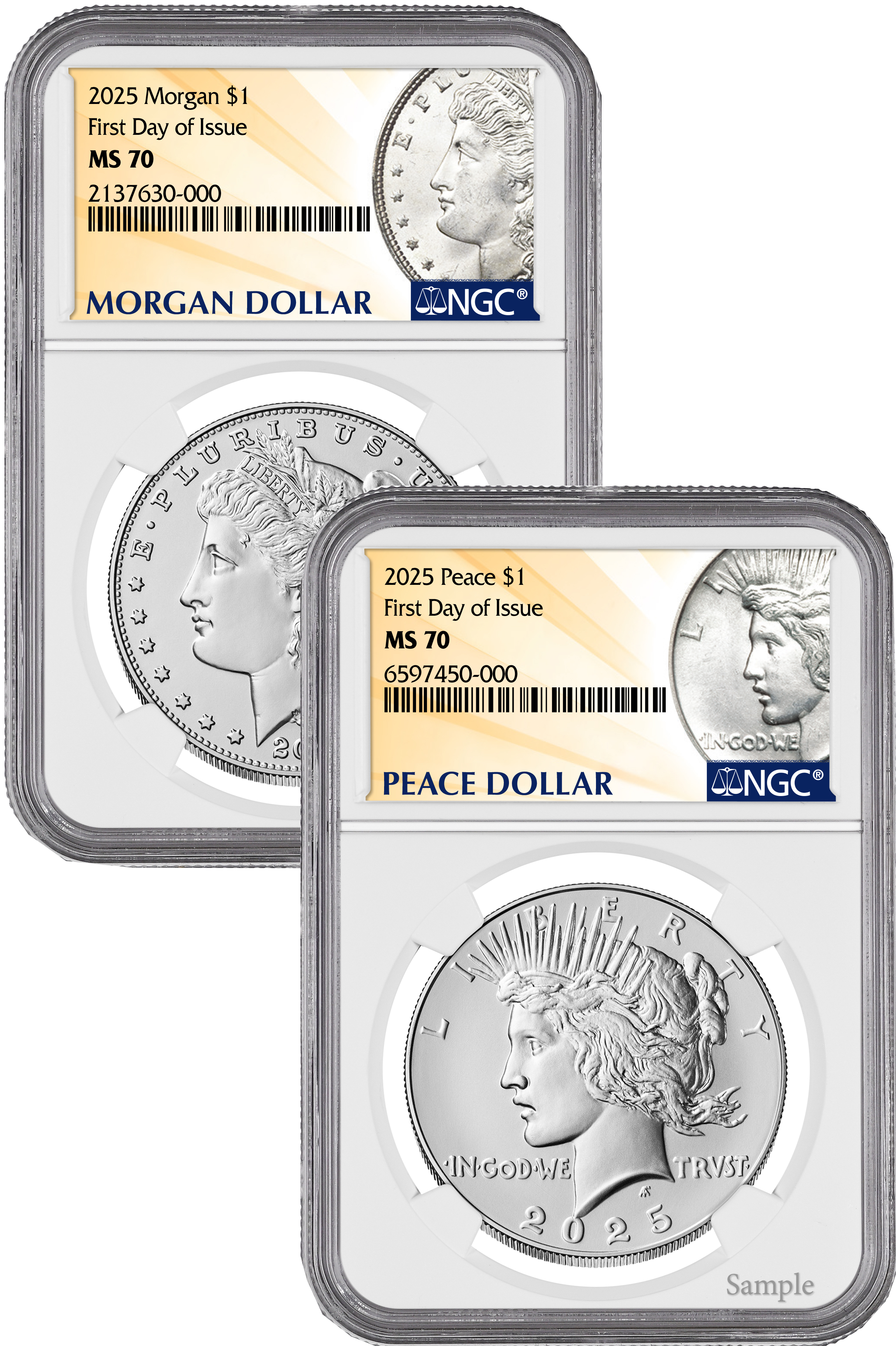 2025 Morgan and Peace Silver Dollar 2pc Set FDI NGC MS70