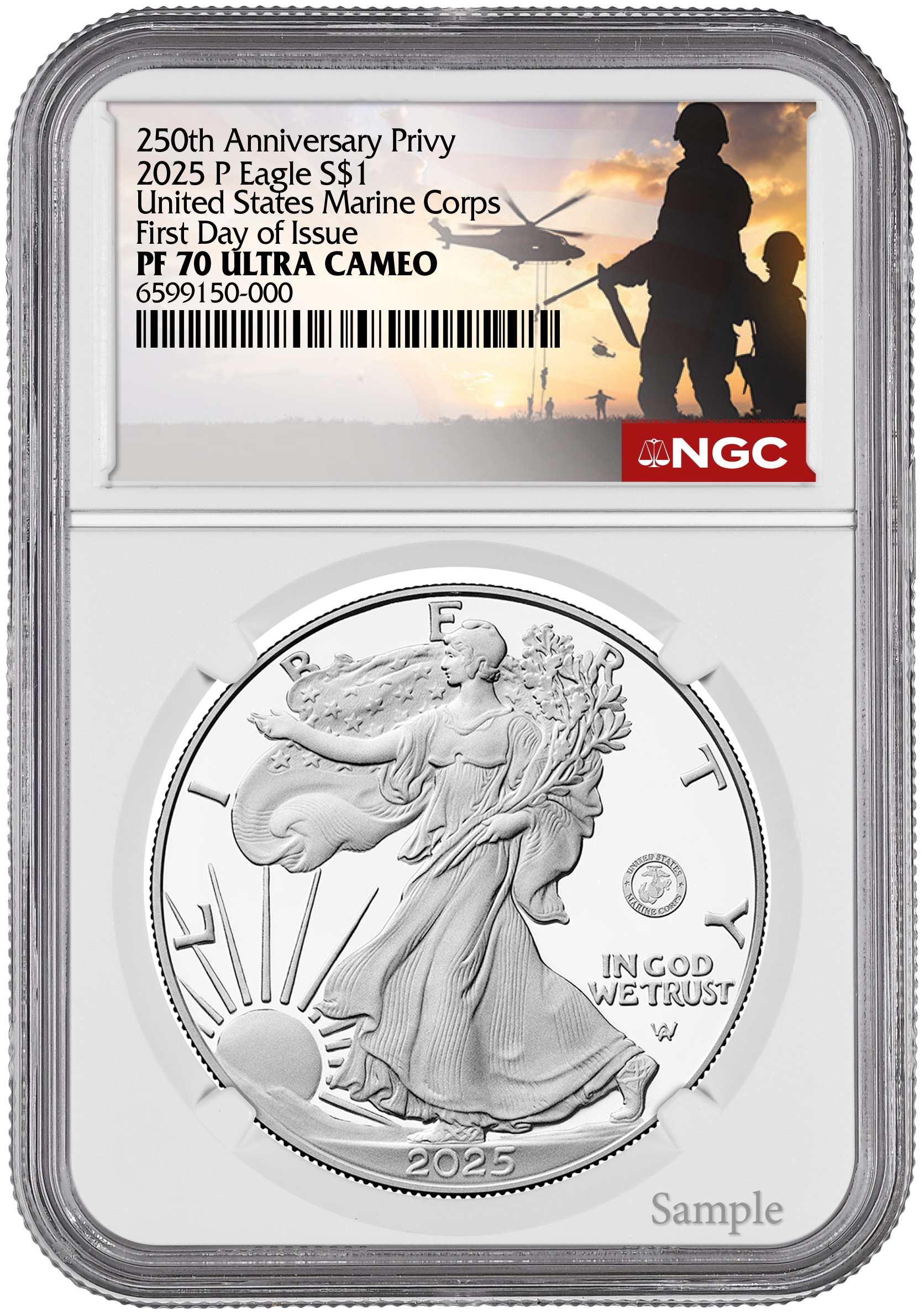 2025-P Silver Eagle 250th Anniv U.S. Marines Privy FDI NGC PF70