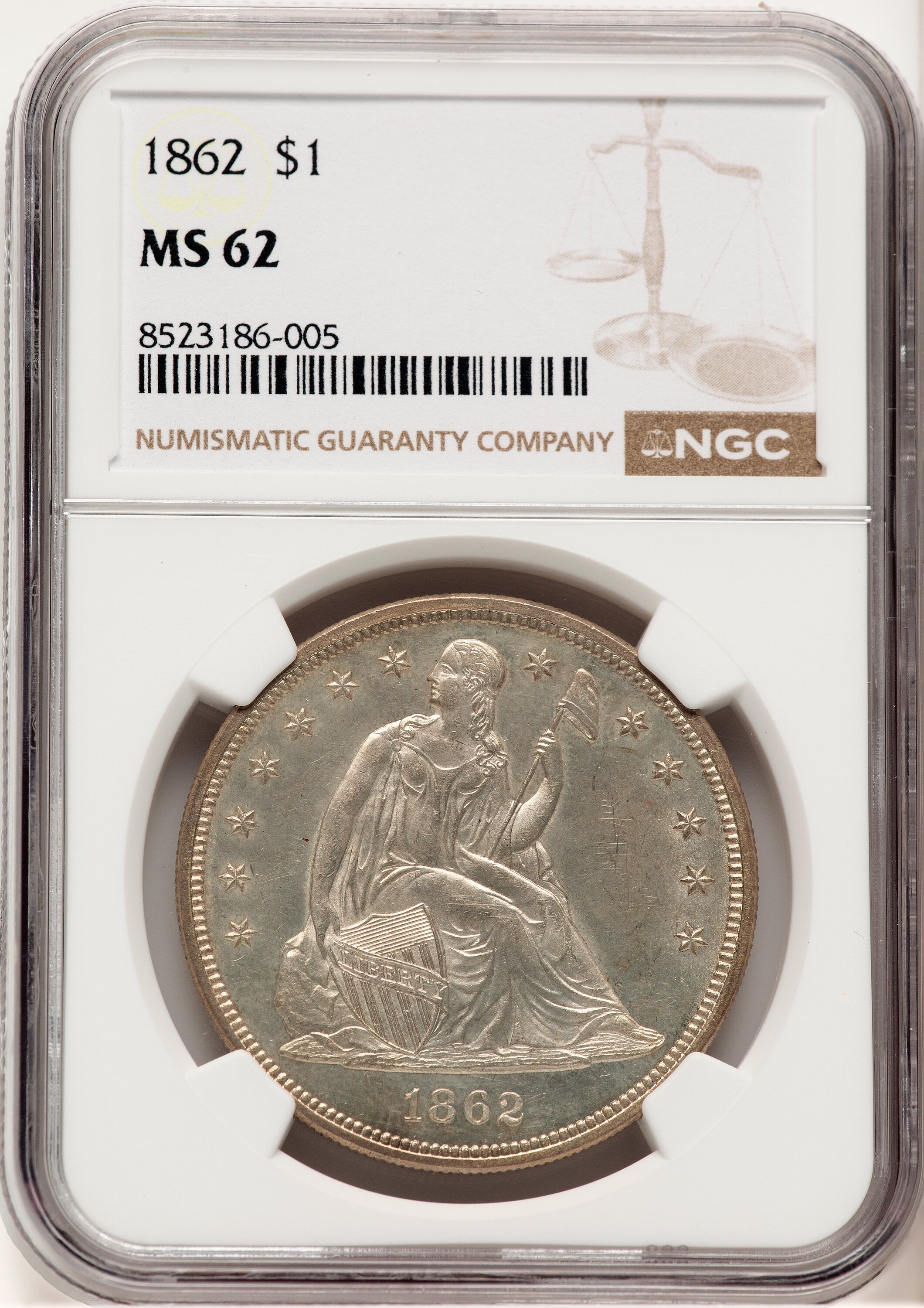 1862 Seated Dollar NGC MS62 - LCR Coin