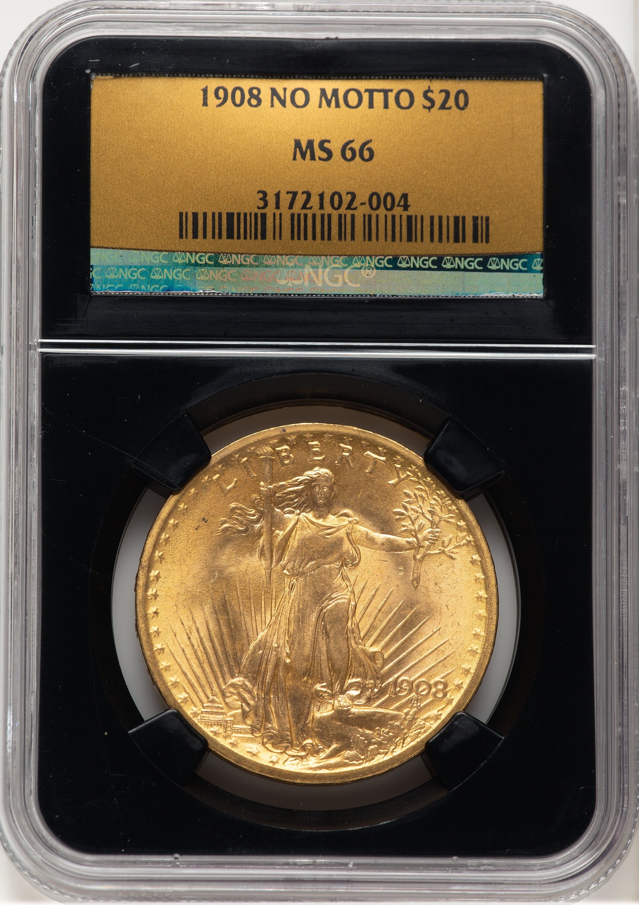 1908 $20 NO MOTTO Saint-Gaudens Double Eagle NGC MS66 - LCR Coin