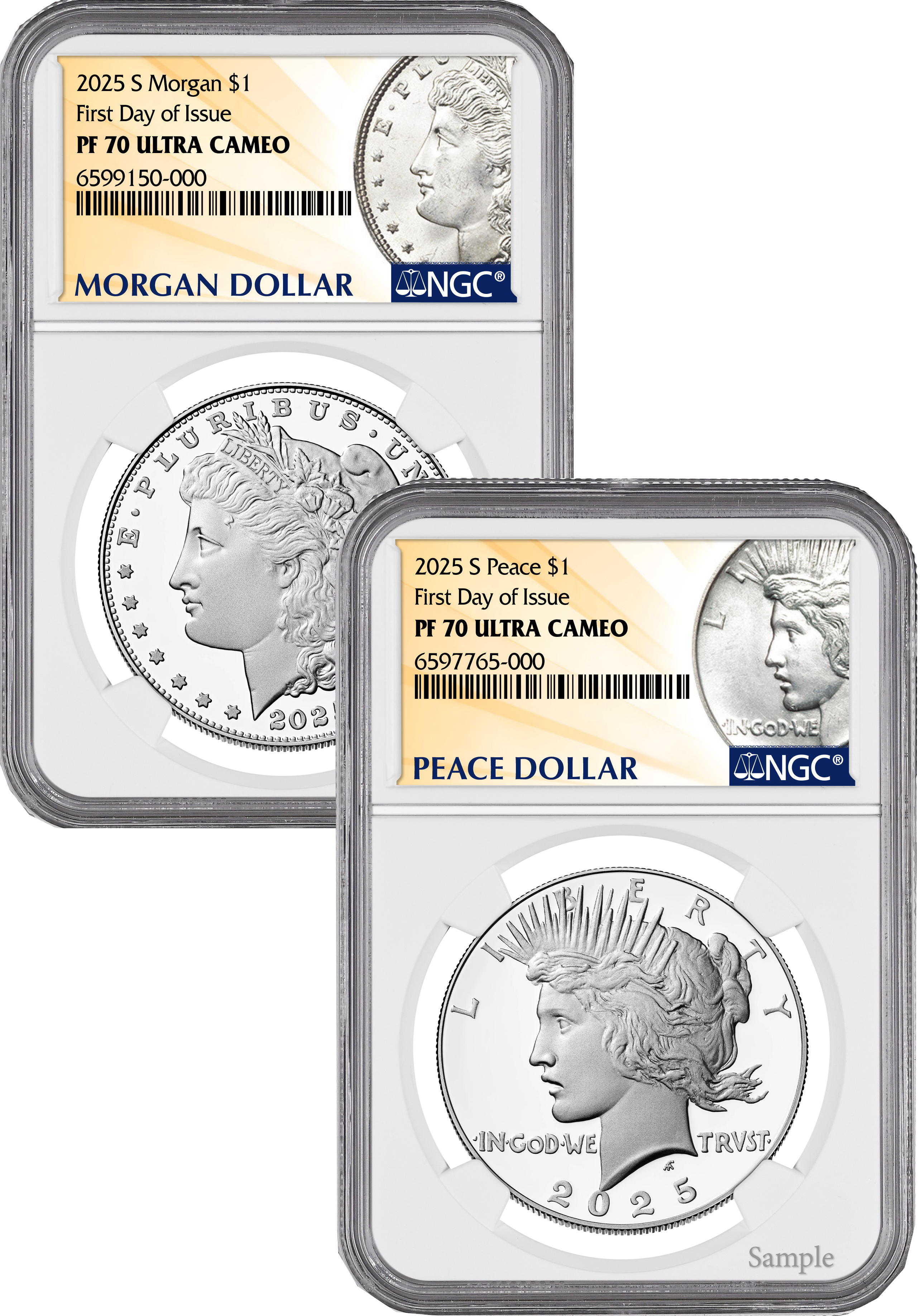 2025-S Morgan and Peace Silver Dollar 2pc Set FDI NGC PF70