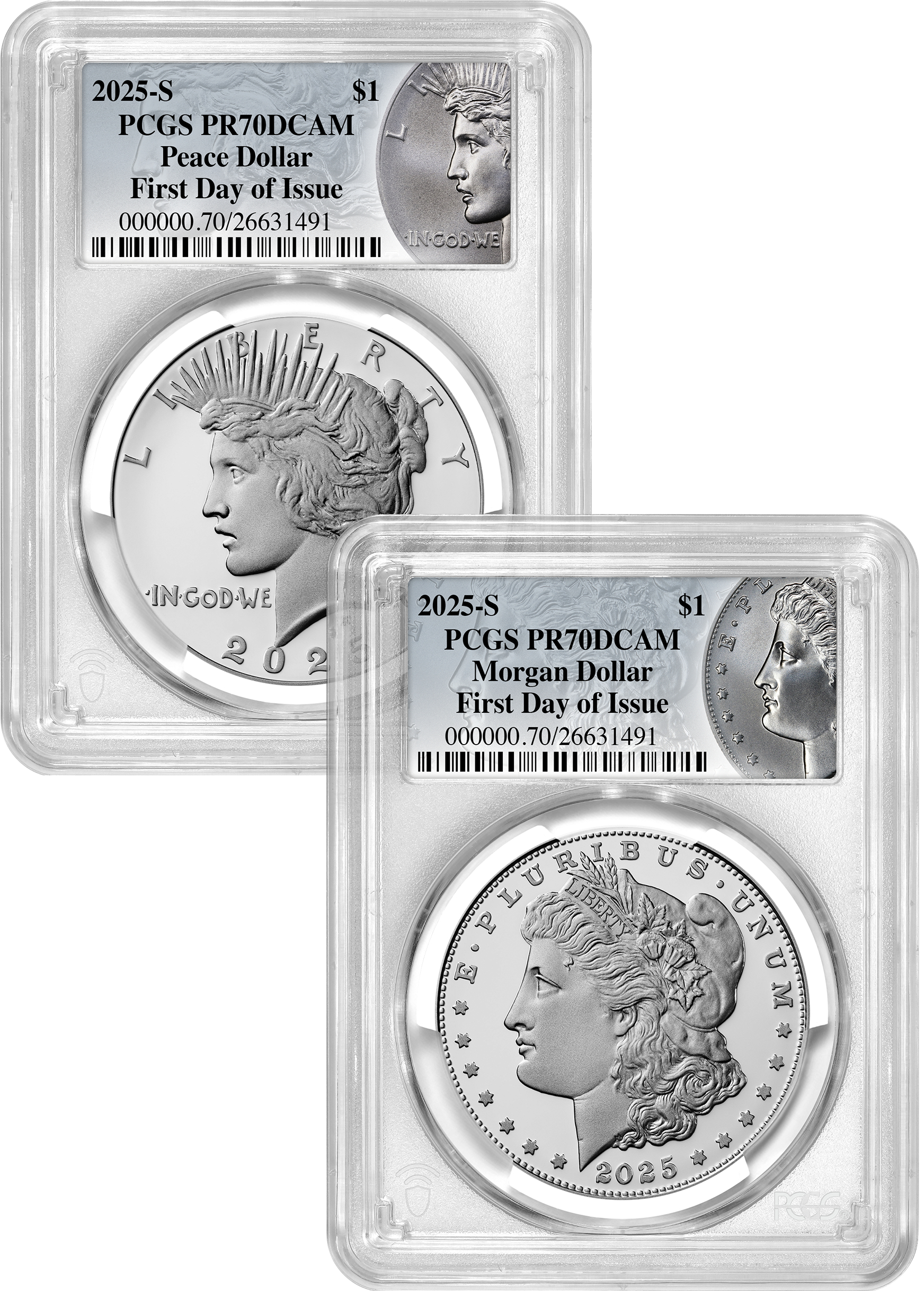 2025-S Morgan and Peace Silver Dollar 2pc Set FDI Coin PCGS PR70