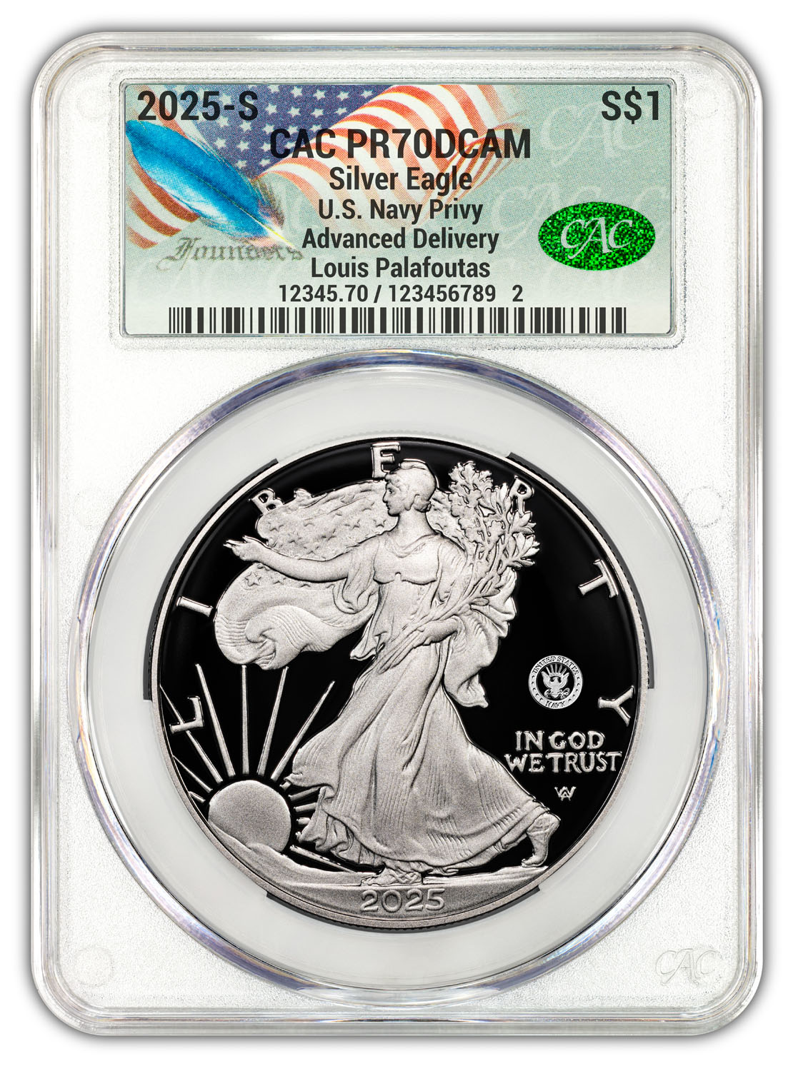 2025-S Silver Eagle 250th Anniversary U.S. Navy Privy AD CAC PR70