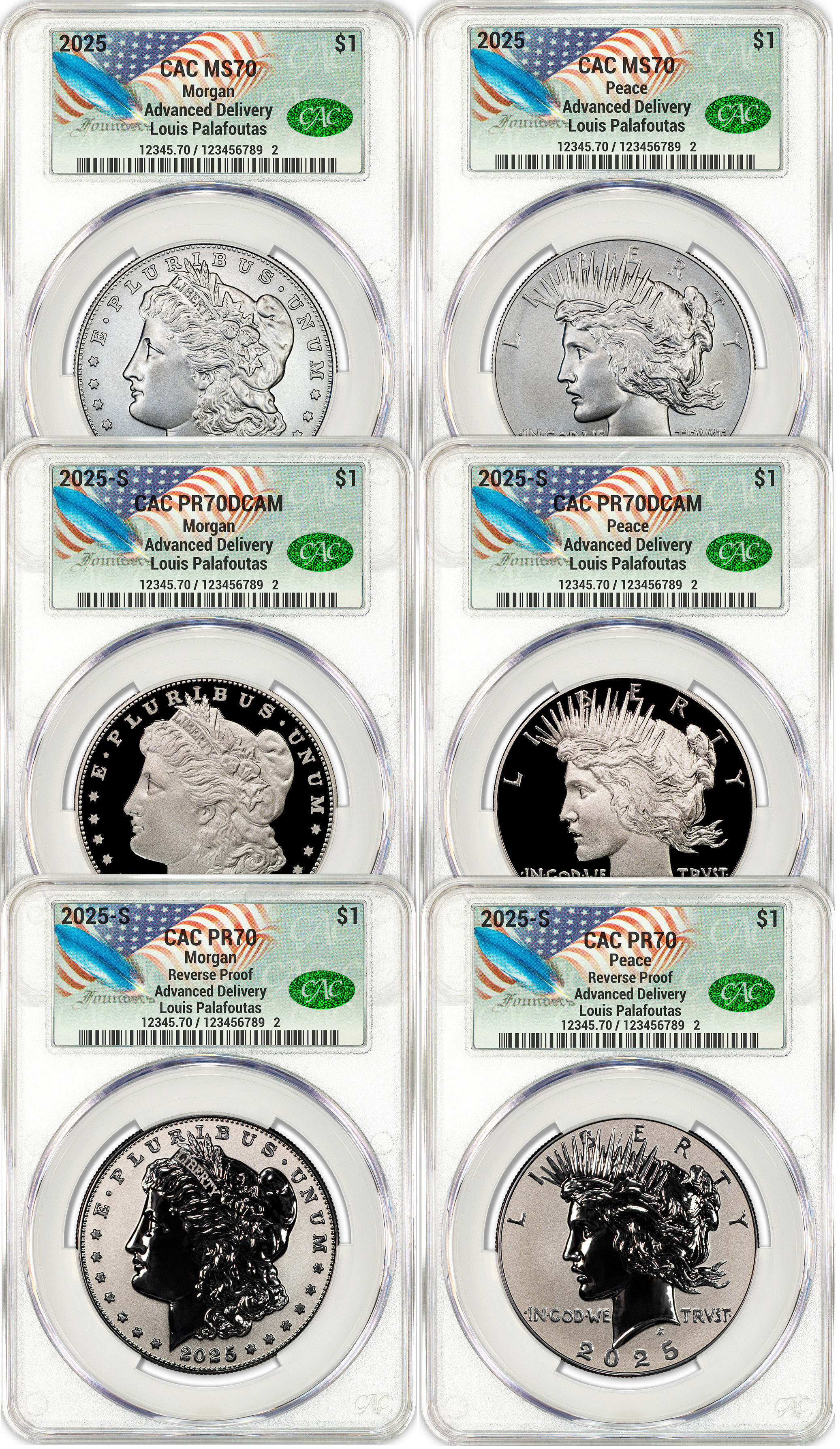 2025 Morgan Peace Silver Dollar 6-Coin Set AD CAC MS70 | LCR Coin