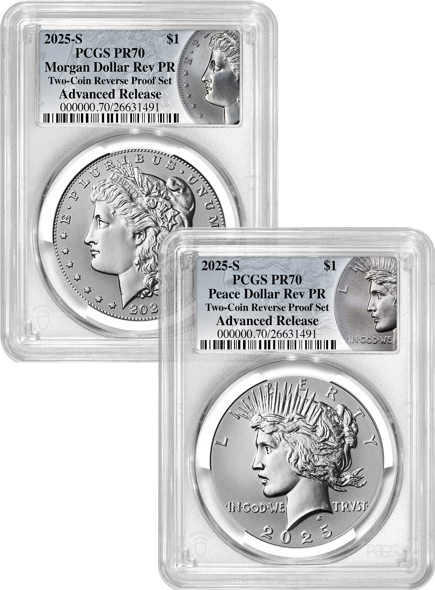 2025-S Morgan and Peace Silver Dollar 2pc Set Reverse Proof AR