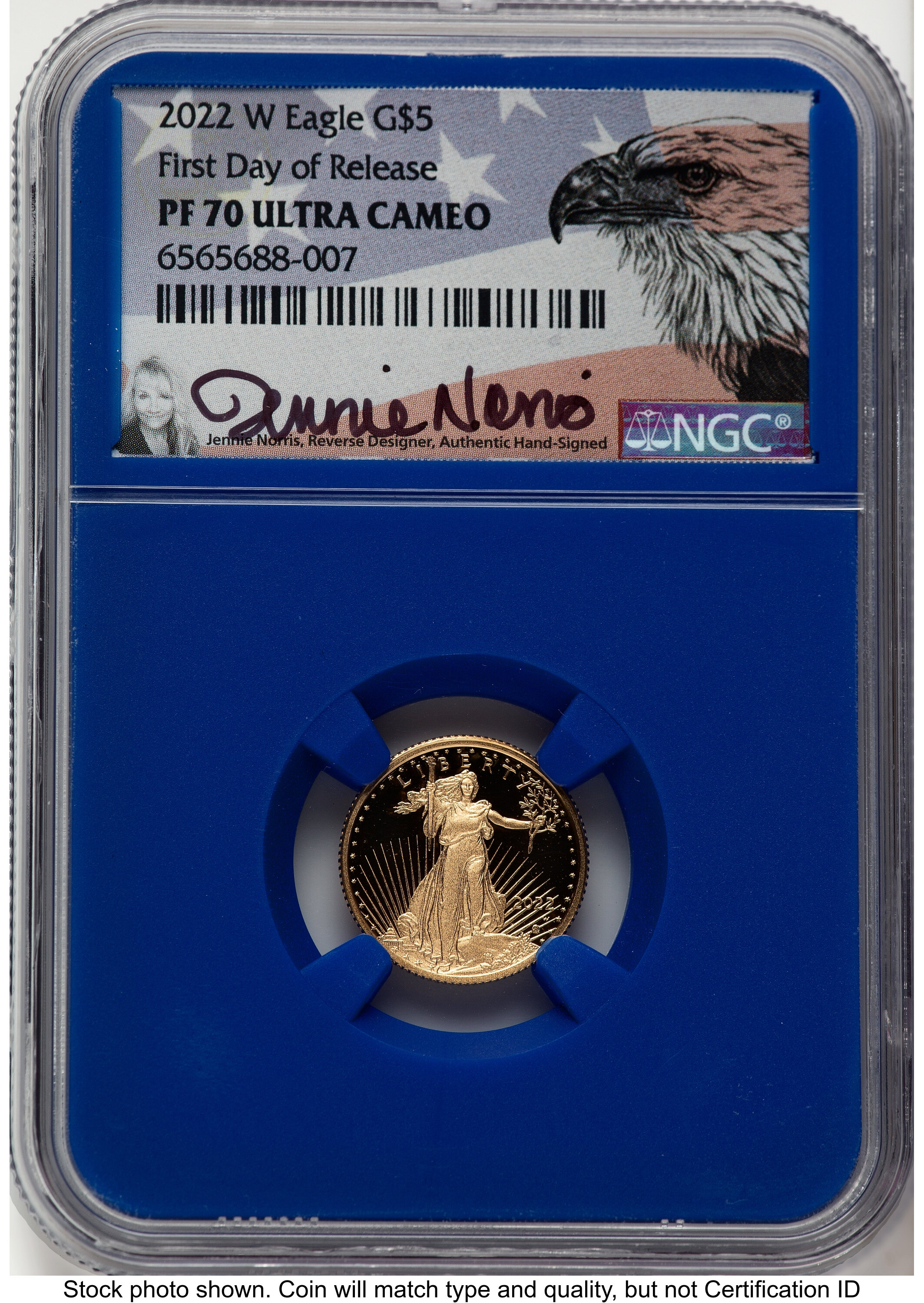 2022-W Proof Gold Eagle 1/10 oz FDR Jennie Blue Core NGC PF70