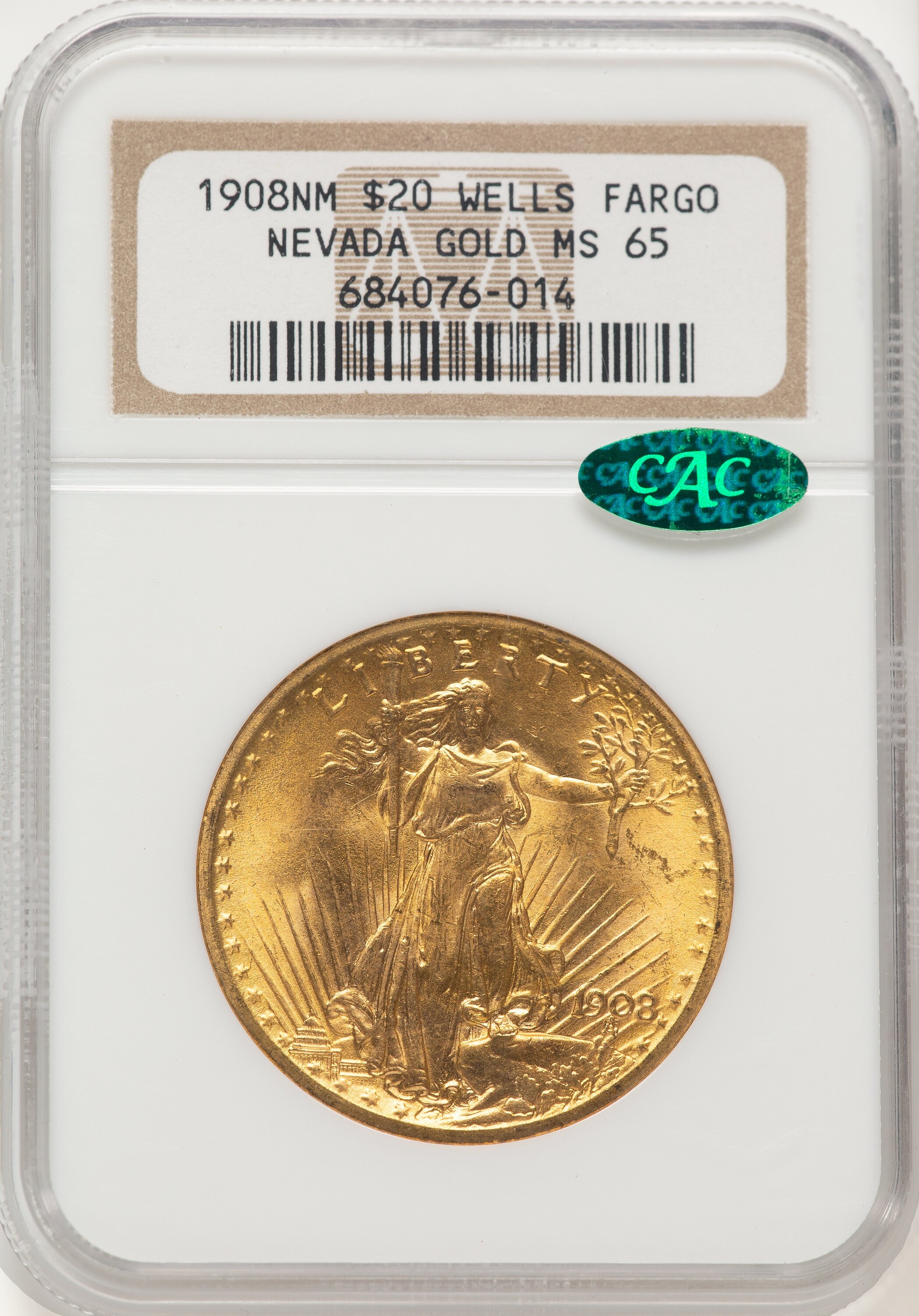 1908 NM $20 Wells Fargo CAC Saint-Gaudens Double Eagle NGC MS65