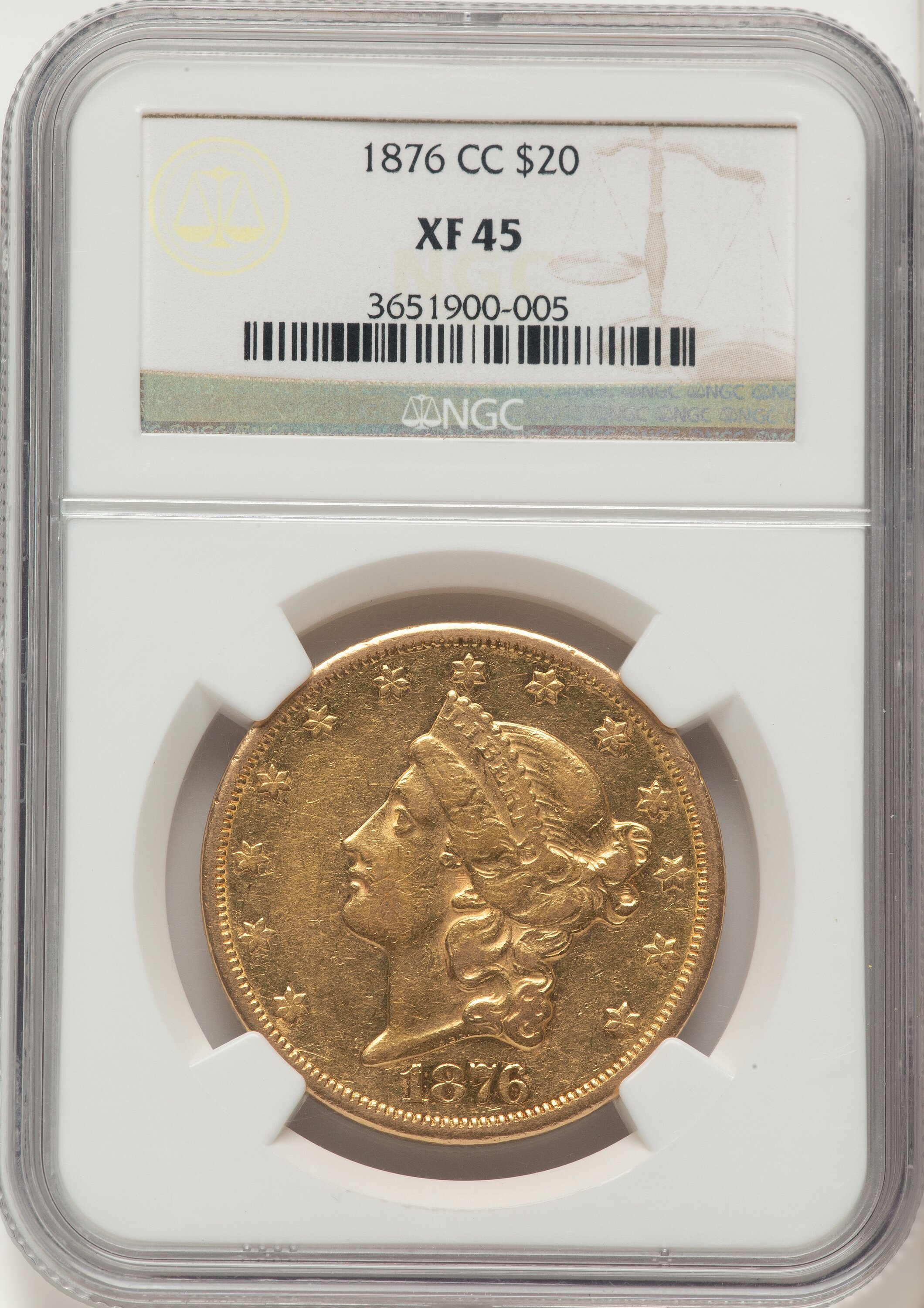 1876-CC $20 Brown Label Liberty Double Eagle NGC XF45 - LCR Coin