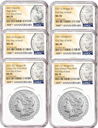 2021 Morgan Peace Dollar First Day of Issue NGC MS70 6-pc Complete Set  100th Anniversary