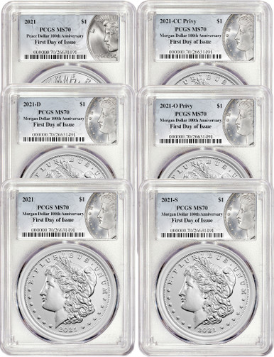 2021 Morgan Peace Dollar First Day of Issue PCGS MS70 6-pc Complete Set 100th Anniversary, Silver Collectible Coin | LCR Coin