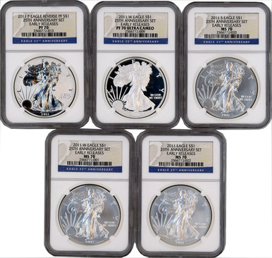 2011 Silver Eagle 25th Anniversary 5-pc Set NGC MS70/PF70 | LCR Coin