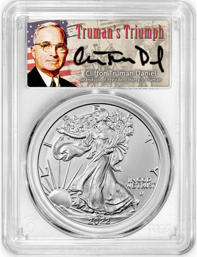 2022 Silver Eagle First Day of Issue Truman's Triumph Label PCGS