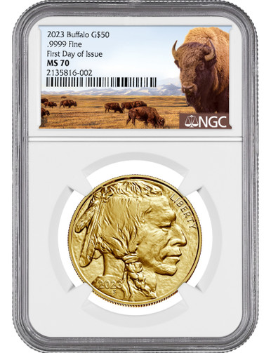 2023 $50 One Ounce Gold Buffalo First Day of Issue NGC MS70 Bison Label