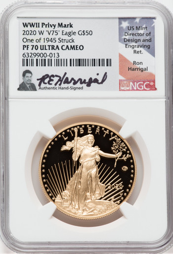 2020-W End of WWII 75th Annv $50 1 Oz Gold Eagle V75 NGC PF70 One