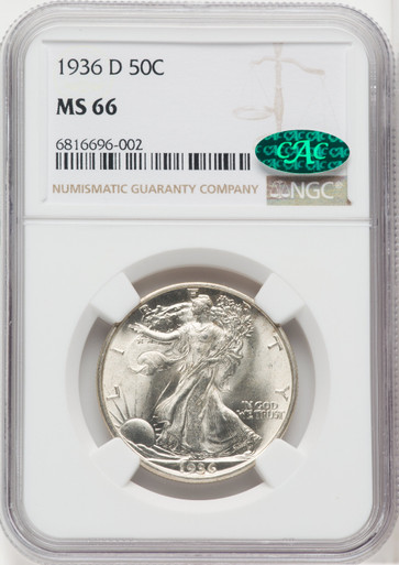 1936-D 50C CAC Walking Liberty Half Dollar NGC MS66 - LCR Coin