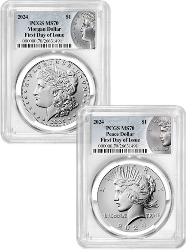 2024 Morgan and Peace Silver Dollar 2pc Set FDI PCGS MS70 | LCR Coin