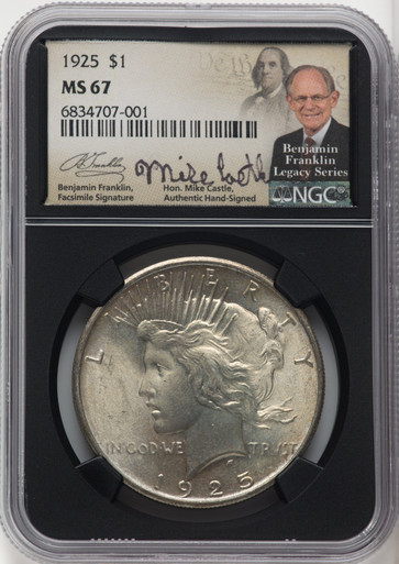 1925 $1 Mike Castle Blk Core Franklin Series Peace Dollar NGC MS67