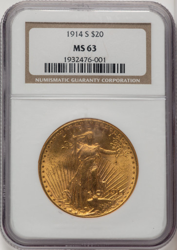 1914-S $20 Saint-Gaudens Double Eagle NGC MS63 (772938194). Third Image