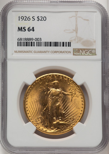 1926-S $20 Brown Label Saint-Gaudens Double Eagle NGC MS64. Third Image