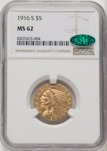 1916-S $5 Indian Half Eagle CACG MS62. Third Image