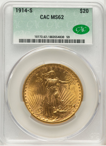 1914-S $20 Saint-Gaudens Double Eagle CACG MS62 (177220303). Third Image