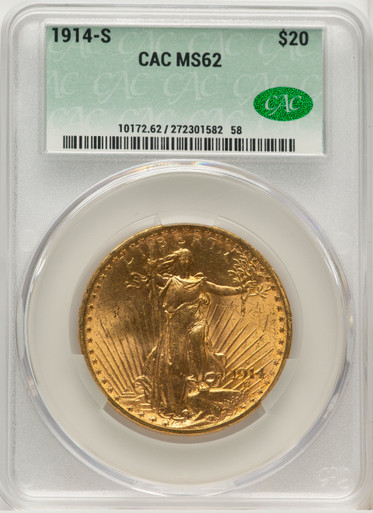 1914-S $20 Saint-Gaudens Double Eagle CACG MS62 (572268194). Third Image