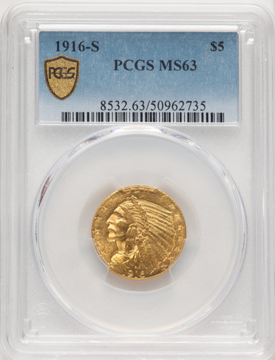 1916-S $5 Indian Half Eagle PCGS MS63 (771290078). Third Image