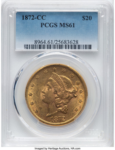 1872-CC $20 Liberty Double Eagle PCGS MS61. Third Image