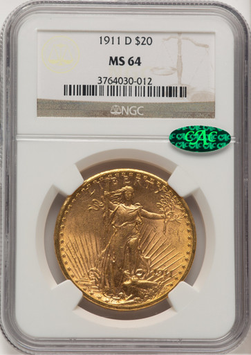 1911-D $20 CAC Saint-Gaudens Double Eagle NGC MS64. Third Image