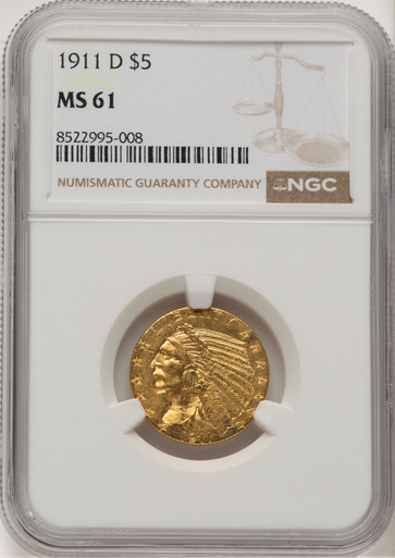 1911-D $5 Indian Half Eagle NGC MS61 (777194046). Third Image
